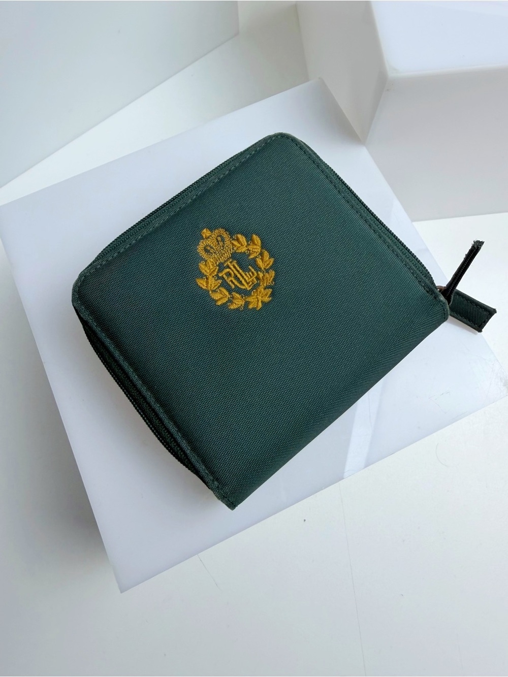Vintage Ralph Lauren Nylon Zip Around Wallet Embroidered Logo Green & Gold